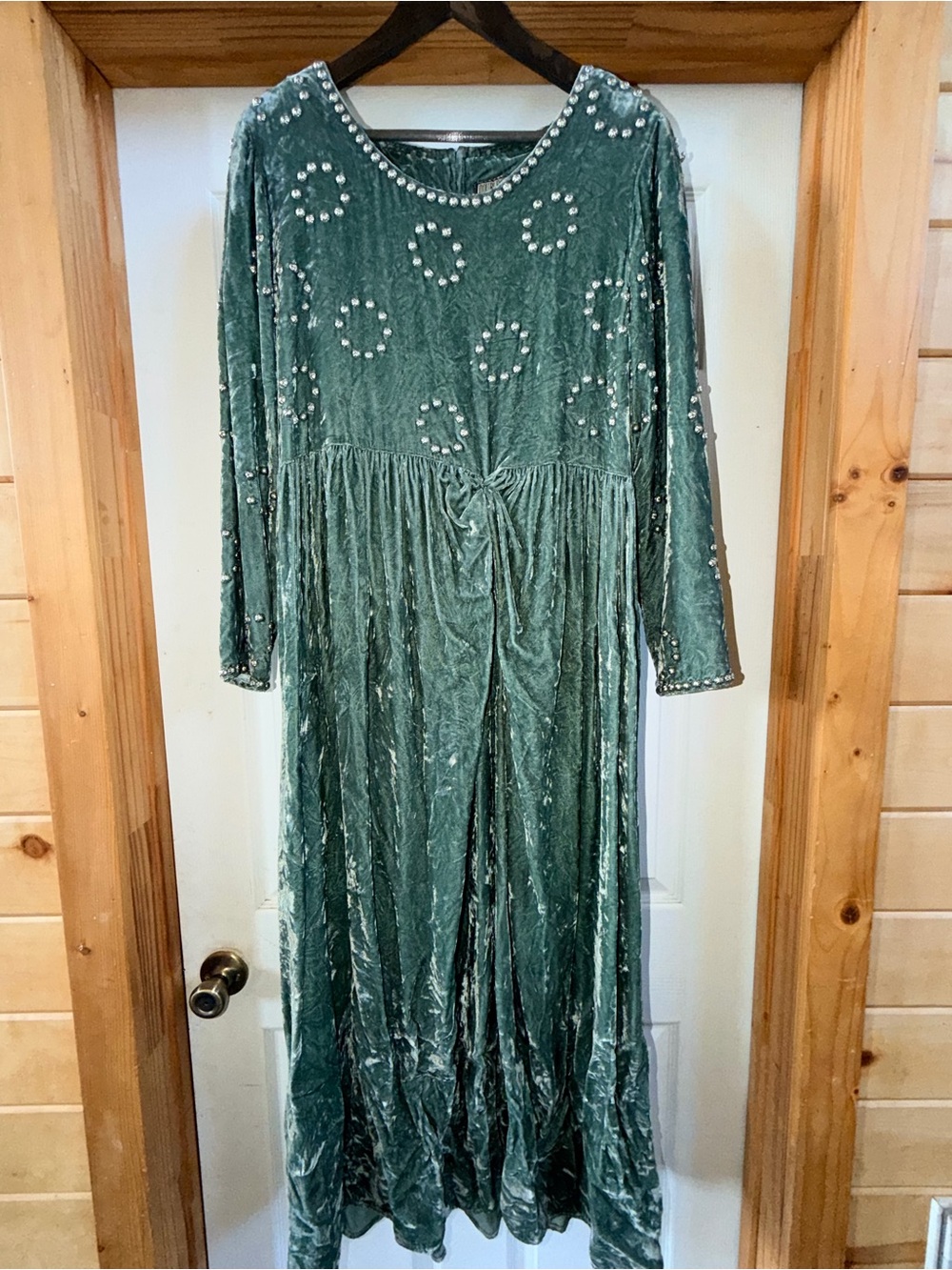 Double D Ranch Sage Green Velvet Maxi Dress with Pearl Accents